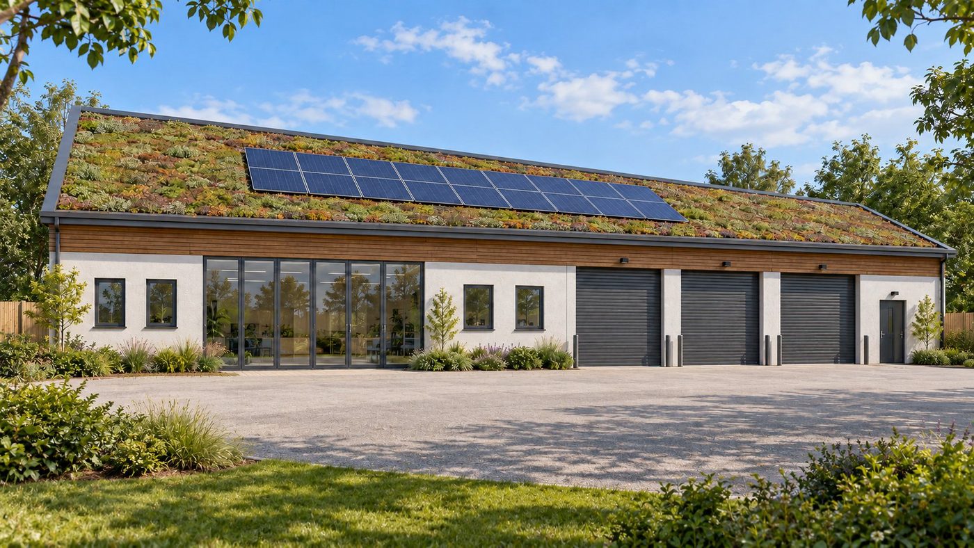 Visualisation of the Cherry Orchard leisure building with PV on a living roof