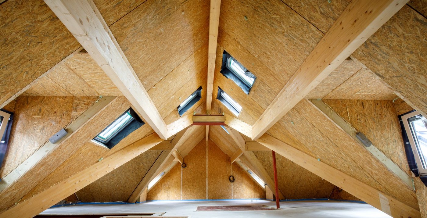 SIPs roof with exposed timber rafters and rooflights